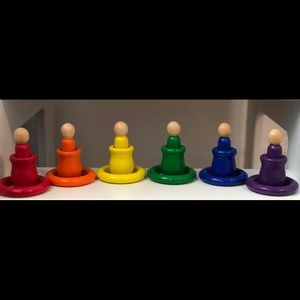 Rainbow peg dolls, pots, and rings